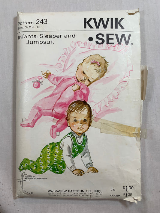 KWIK Sewing Pattern 243 Baby/Infants Sleeper, Jumpsuit, Zipper Front, One Piece, Long Sleeves, Size 0-18 Months, Cut, Vintage 1999