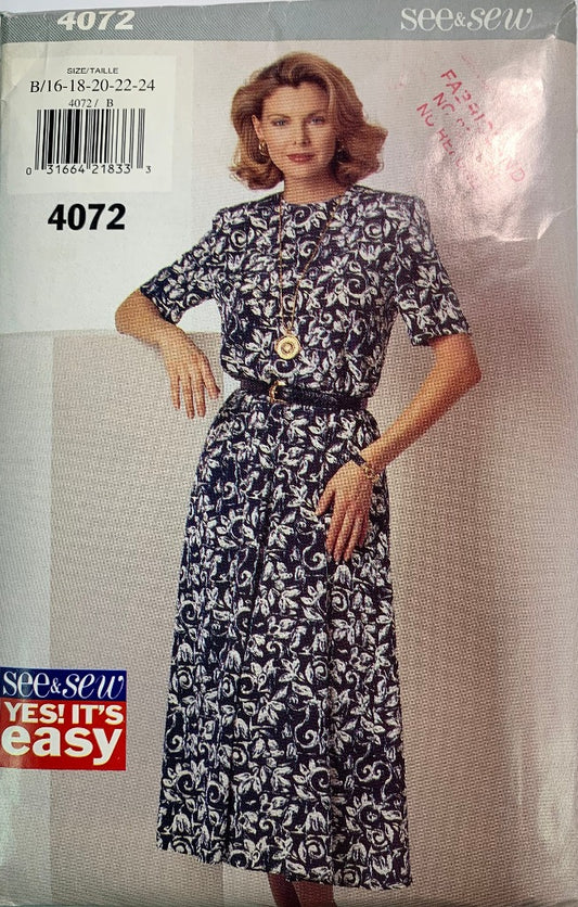 Butterick See & Sew 4072 Misses' Petite Dress, Size 16-24, Cut, Vintage 1995