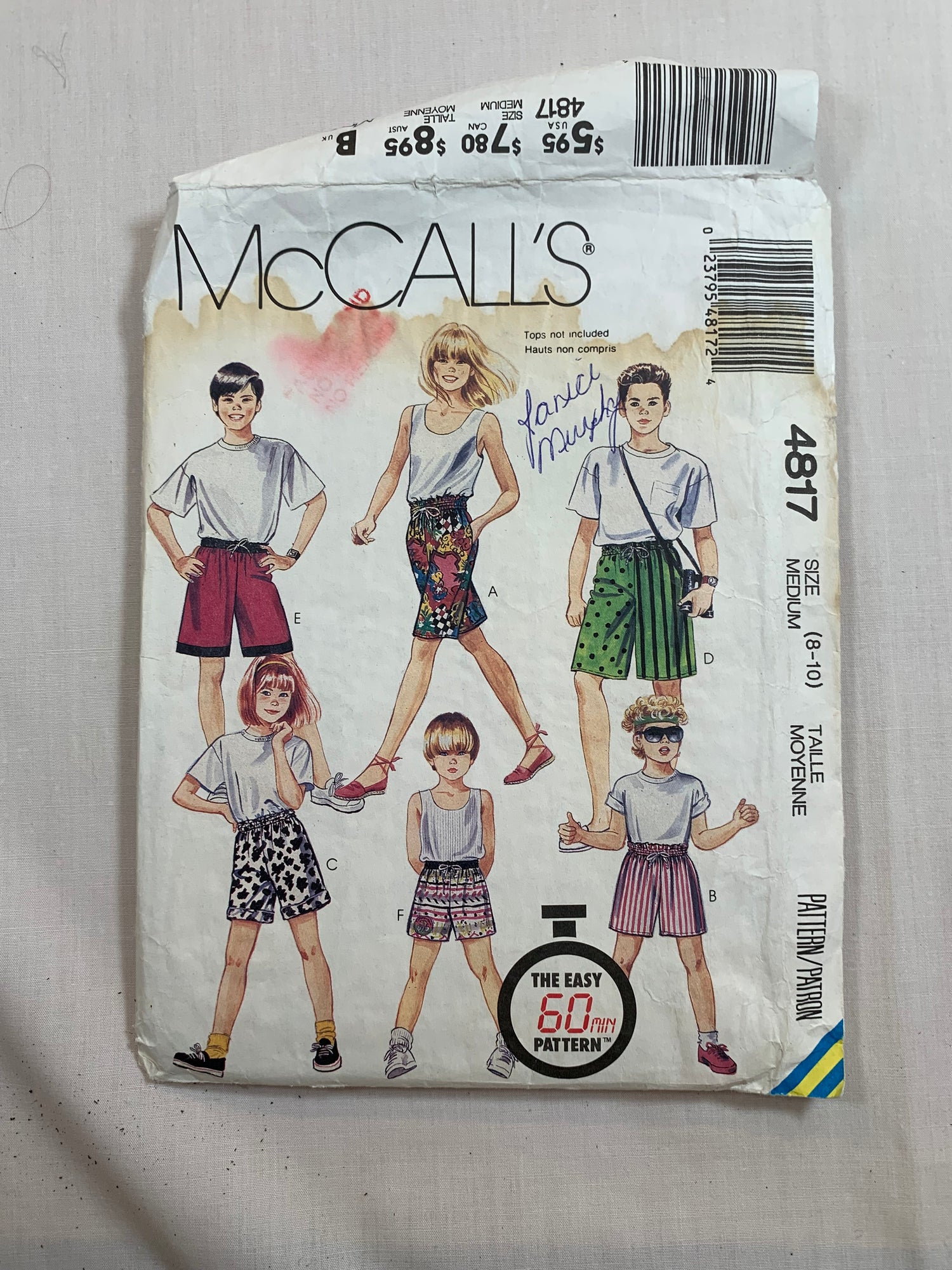 McCall's Sewing Pattern 4817 Children's/Boy's/Girls' Boxer Shorts, 3 Lengths, Pull-On, Pockets, Loose-Fitting, Size 8-10, Cut, Vintage 1990