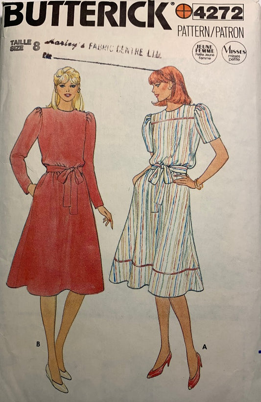 Butterick 4272 Misses' Petite Dress, Belt, Size 8, Cut, Vintage 1980