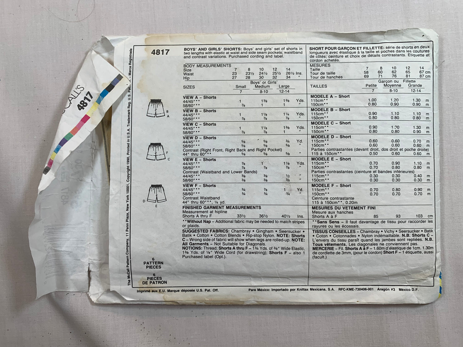 McCall's Sewing Pattern 4817 Children's/Boy's/Girls' Boxer Shorts, 3 Lengths, Pull-On, Pockets, Loose-Fitting, Size 8-10, Cut, Vintage 1990