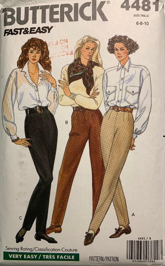 Butterick 4481 Misses' Petite Pants, Size 6-10, Cut, Vintage 1989