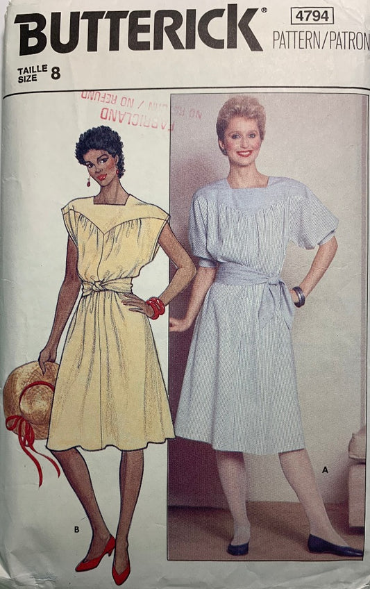 Butterick 4794 Misses' Petite Dress, Sash, Size 8, Vintage 1980