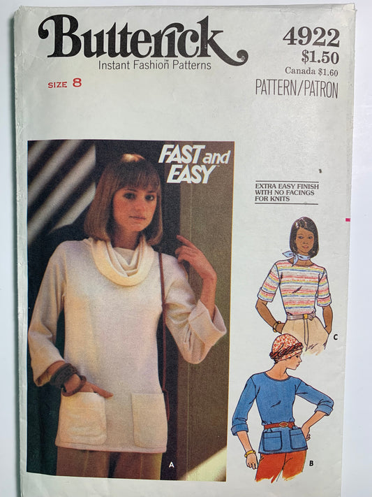 Butterick 4922 Misses' Tops, Size 8, Cut, Vintage 1977