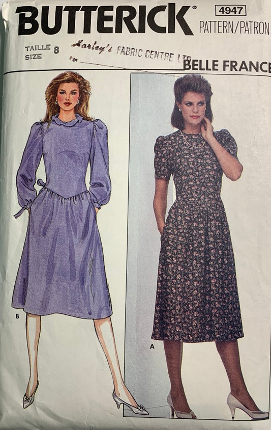 Butterick 4947 Misses' Dress, Size 8. Cut, Vintage 1980's