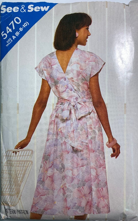 Butterick See & Sew Sewing Pattern 5470, Misses' Dress, Short Sleeves, Button Back, Back Wrap, Size 6-10, Cut, Vintage 1986