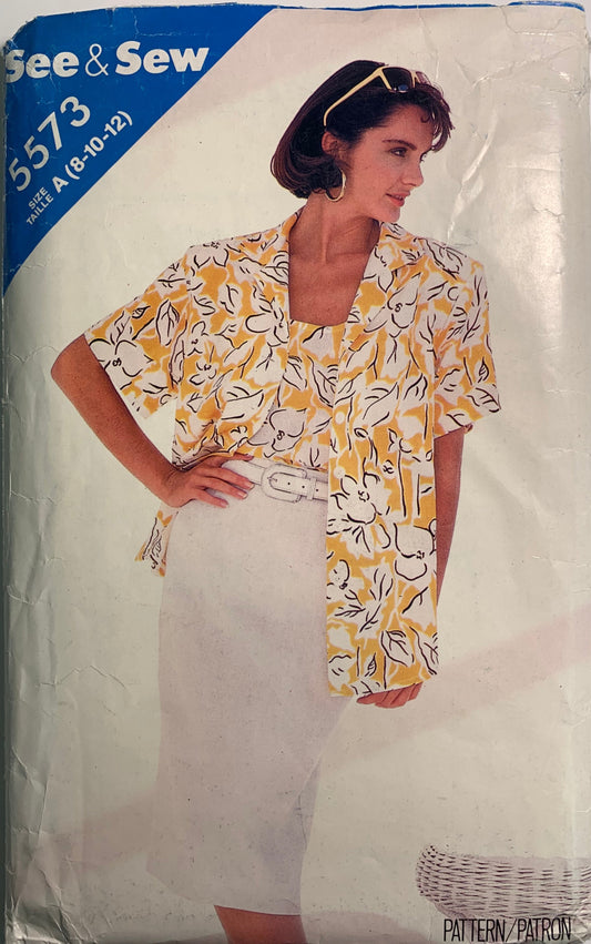 Butterick See & Sew 5573, Misses' Shirt, Top, Skirt, Size 8-12, Cut, Vintage 1987