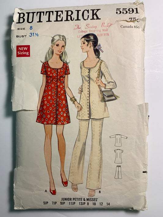 Butterick 5591, Junior Petite, Misses' One-Piece Dress, Size 8, Cut, Vintage 1970