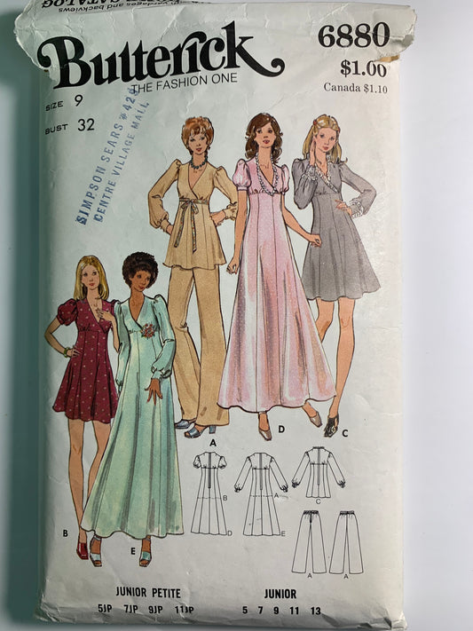 Butterick 6880 Junior Petite Dress, Tunic, Pants, Size 9, Cut, Vintage 1972