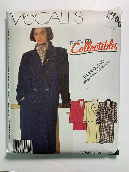 McCall's 2180 Misses' Car Coat, Size 14, Cut, Vintage 1985