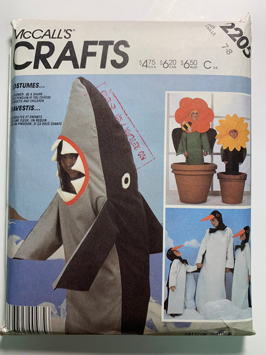 McCall's Crafts Costumes Children's Boys', Girls' Shark, Penguin, Flower, Size 7-8, Cut, Vintage 1985