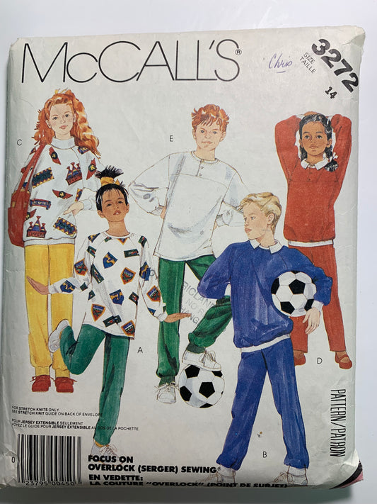 McCall's Sewing Pattern 3272 Boys'/Girls' Tops, Pants, Stretch Knit Only, Long Sleeves Elastic Waist, Pockets, Size 14, Cut, Vintage 1987