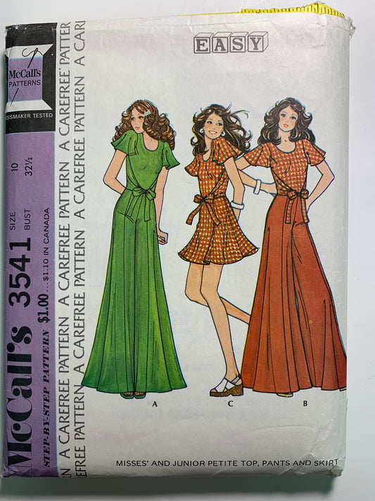 McCall's 3541 Misses' Junior Petite Top, Pants, Skirt, Size 10, Cut, Vintage 1973