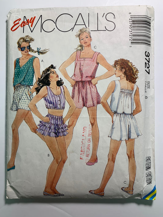 McCall's 3727 Misses' Tops, Shorts, Size 8, Cut, Vintage 1988
