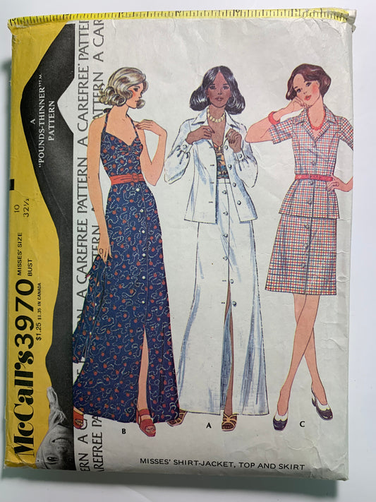 McCall's 3970 Misses' Shirt-Jacket, Top, Skirt, Size 10, Cut, Vintage 1974