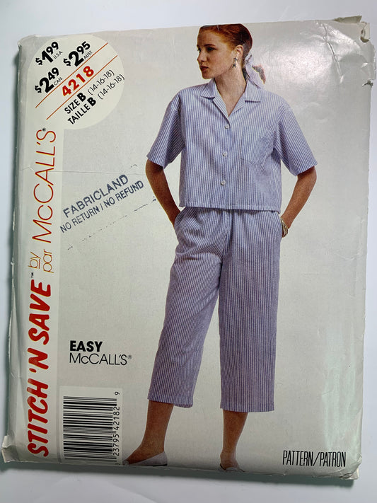 McCall's 4218 Misses' Shirt, Pants, Size 14-18, Cut, Vintage 1989
