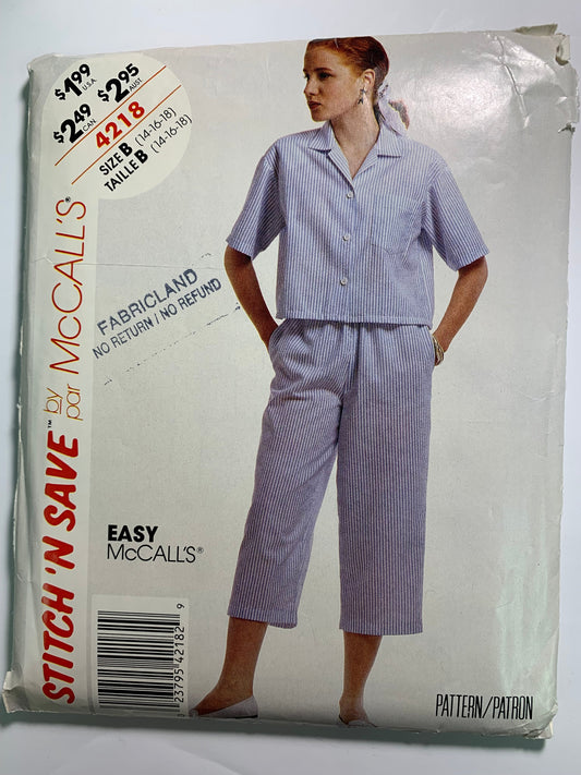 McCall's 4218 Misses' Shirt, Pants, Size 14-18, Cut, Vintage 1989