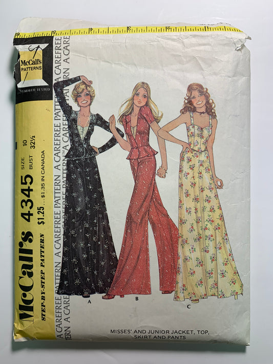McCall's 4345 Misses' Junior Jacket, Top, Skirt, Pants, Size 10, Cut, Vintage 1974