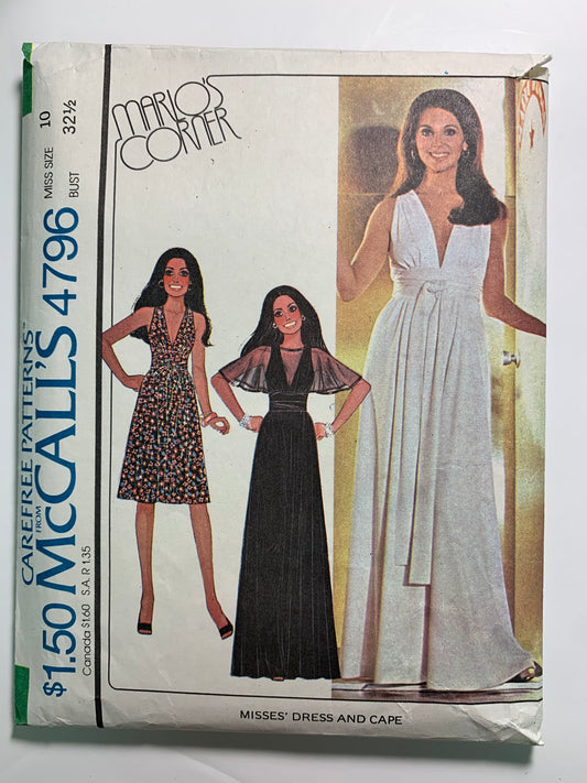 McCall's 4796 Marlo's Corner Misses' Dress, Cape, Size 10, Cut, Vintage 1975