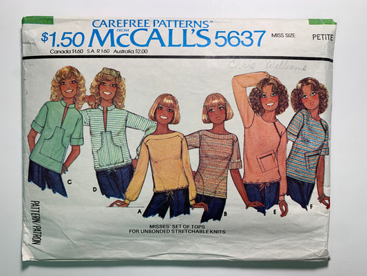 McCalls' 5637 Misses' Tops, Size 6-8, Cut, Vintage 1977