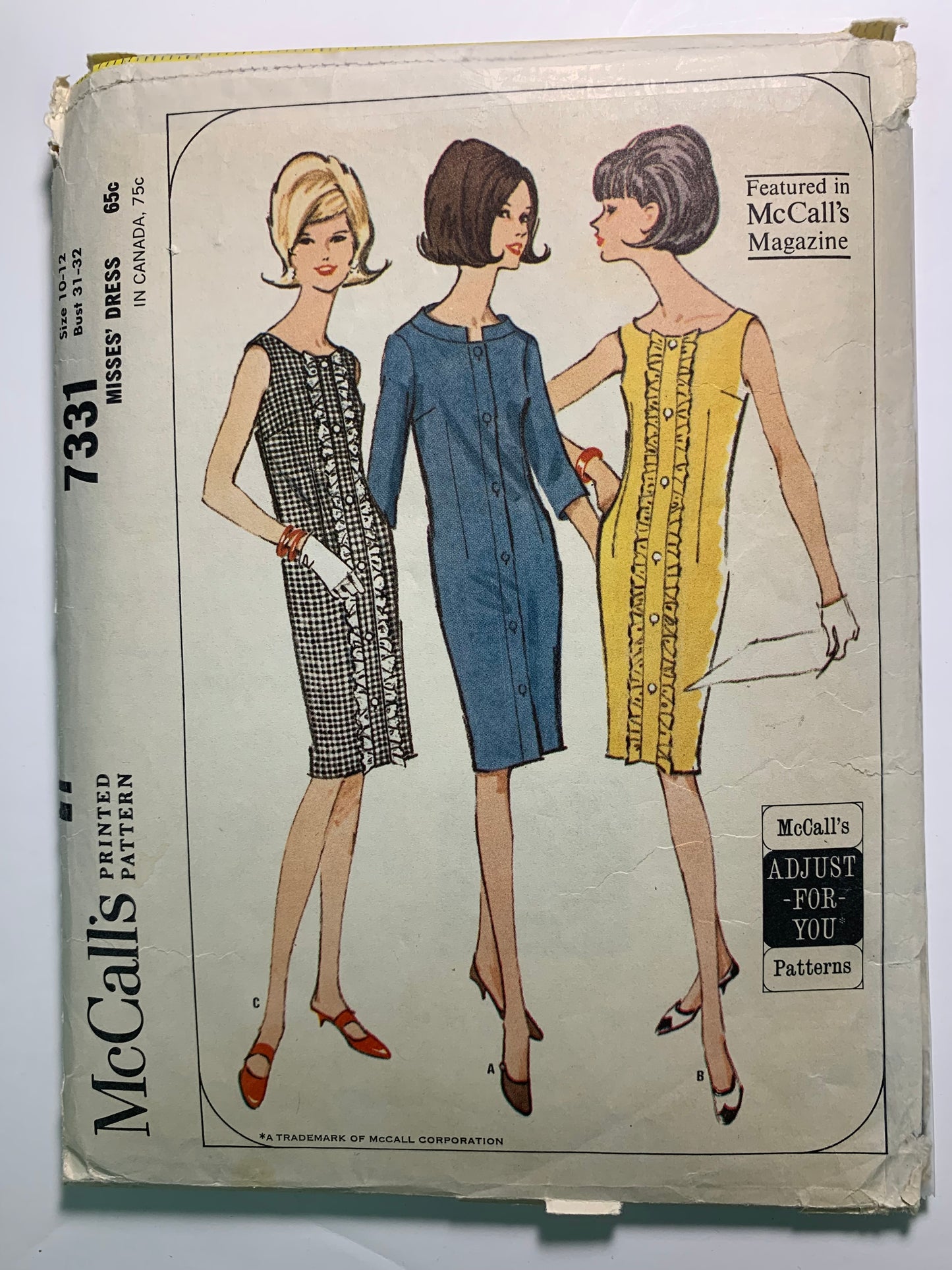 McCall's 7331 Misses' Dress, Size 10-12, Cut, Vintage 1964