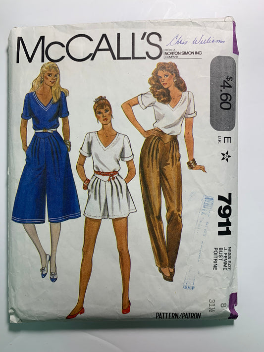 McCall's 7911 Misses' Top, Culottes, Pants, Shorts, Size 8, Cut, Vintage 1982