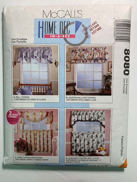 McCall's 8080 Home Decor, Curtains, Window Coverings, Cut, Vintage 1995