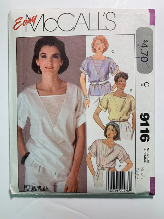 McCall's 9116 Misses' Tops, Size 10-12, Cut, Vintage 1984