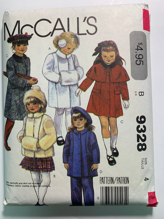 McCall's 9328 Children's, Girls' Coats, Jacket, Cape, Pants, Muff, Size 4, Cut, Vintage 1984