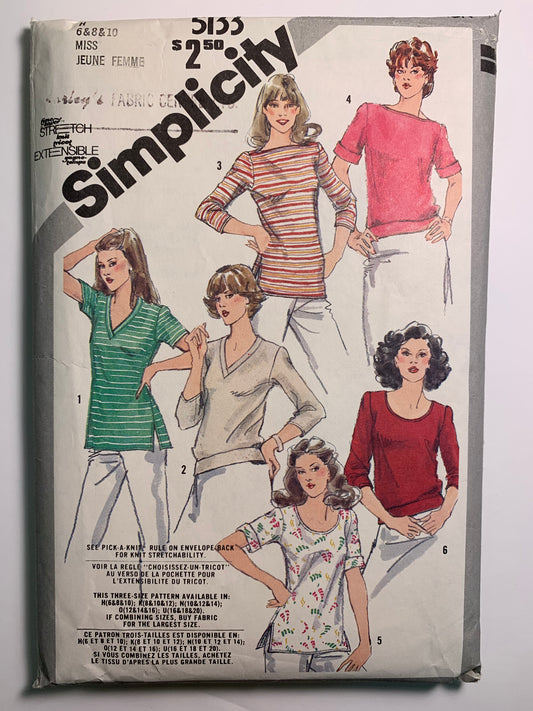 Simplicity 5133 Misses' Pullover Tops, Size 6-10, Cut, Vintage 1981
