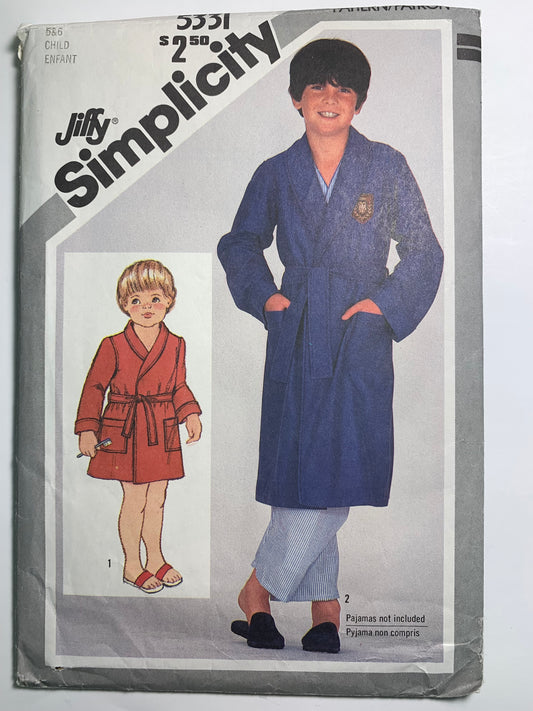 Simplicity Sewing Pattern Jiffy 5331 Child's Boys' Front Wrap Robe, Pockets, Long Sleeves, Housecoat, Size 5-6, Cut, Vintage 1981