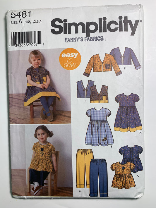 Simplicity 5481 Toddlers' Dress, Top, Pants, Lined Jacket, Vest, Size 1-4, Cut, 2003