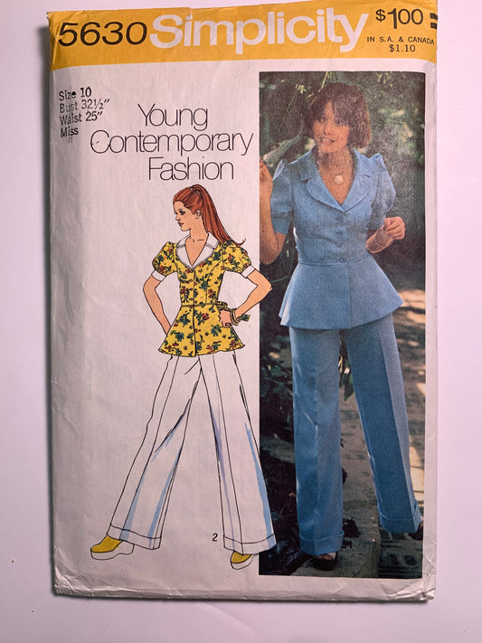 Simplicity 5630 Misses' Unlined Jacket, Pants, Size 10, Cut, Vintage 1973