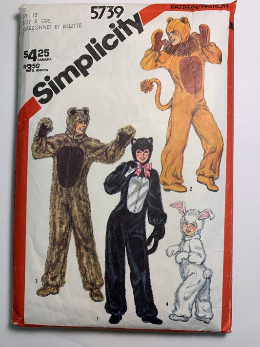 Simplicity Sewing Pattern 5739 Boys'/Girls' Animal Costumes, Cat, Bear, Rabbit, Mitten, Ears, Jumpsuits, Hood, Mittens, Booties, Size 10-12, Cut, Vintage 1982