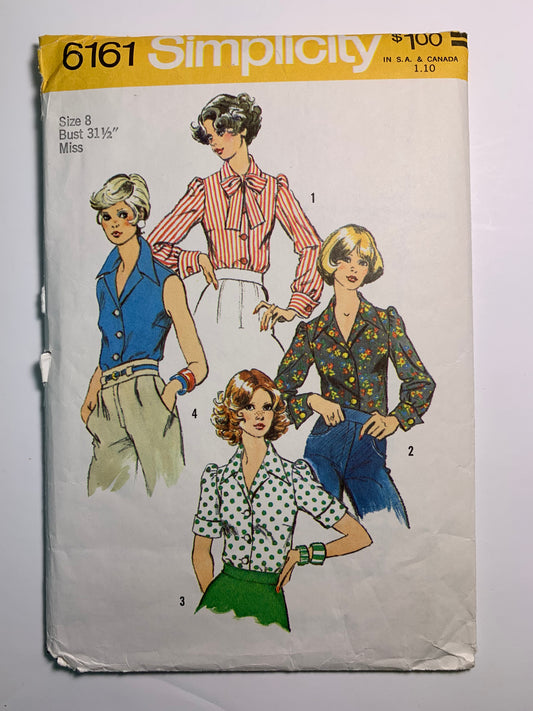 Simplicity 6161 Junior Teens' Misses' Blouse, Size 8, Cut, Vintage 1973