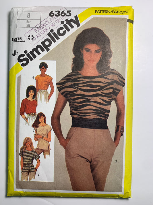 Simplicity Sewing Pattern 6365 Misses' Pullover Tops, Long/Short Sleeves, Pocket, Size 8, Cut, Vintage 1983