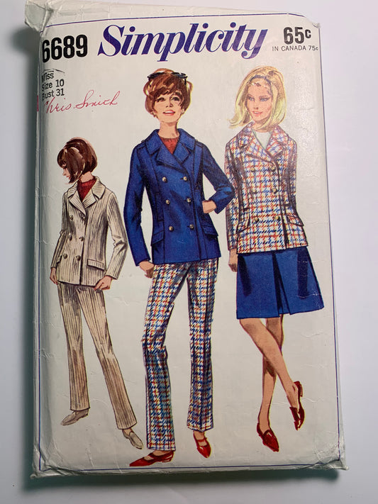 Simplicity 6689 Misses' Jacket, Skirt, Slacks, Size 10, Vintage 1966