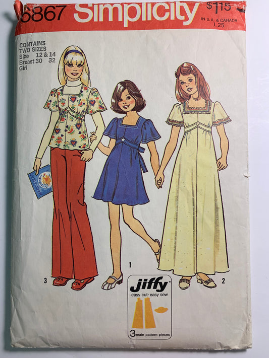 Simplicity Jiffy Sewing Pattern 6867 Girls'/Chubbies' Dress, Top, Tie Back, Two Lengths, Zipper Back, Short Sleeves, Size 12-14, Cut, Vintage 1975