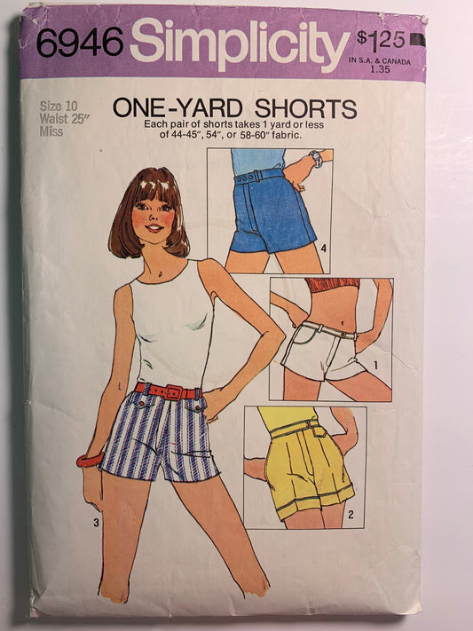 Simplicity 6946 Junior Misses' Shorts, Size 10, Cut, Vintage 1975