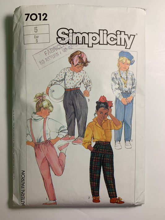 Simplicity Sewing Pattern 7012 Girls' Jodhpurs, Pants, Pull-On, Stretch Knits Only, Fly Zipper, Stirrups, Size 5, Cut, Vintage 1985