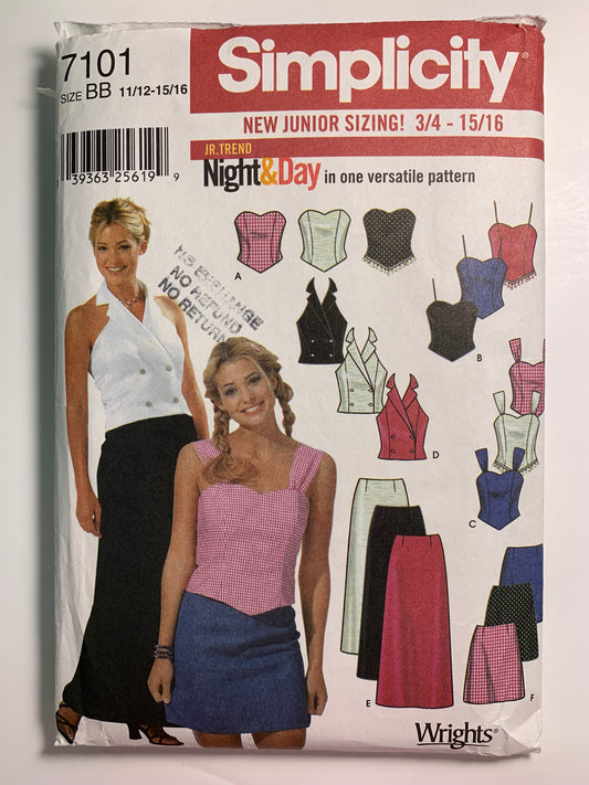 Simplicity 7101 Junior Misses' Skirt, Tops, Size 11-16, Cut, 2002
