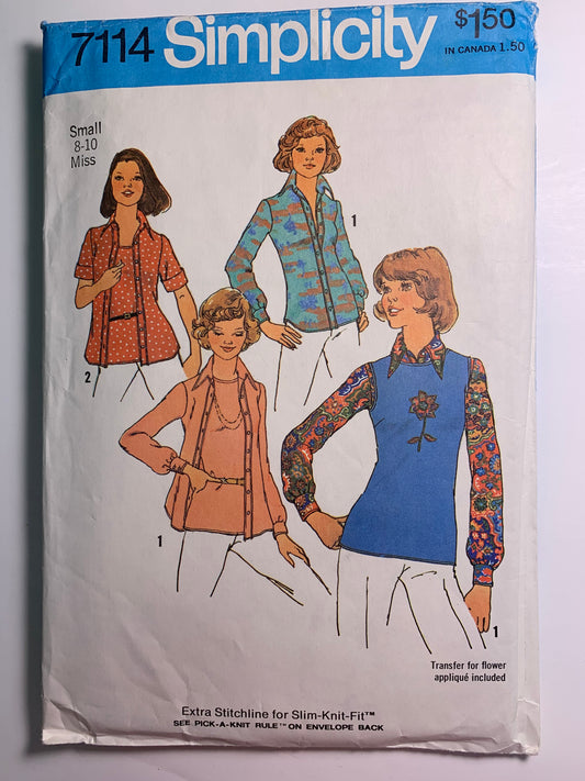 Simplicity 7114 Misses' Top, Shirt, Size 8-10, Cut, Vintage 1975