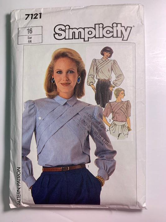 Simplicity 7121 Misses' Blouse, Size 16, Cut, Vintage 1985