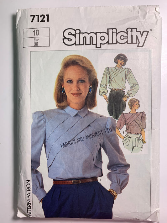 Simplicity 7121 Misses' Blouse, Size 10, Cut, Vintage 1985
