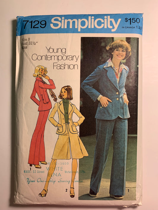 Simplicity 7129 Misses' Juniors Unlined Jacket, Pantskirt, Pants, Size 8, Cut, Vintage 1975