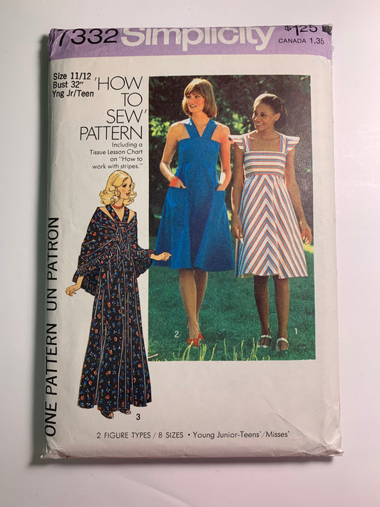Simplicity 7332 Misses' Junior/Teens' Dress, Shawl, Size 11-12, Cut, Vintage 1976