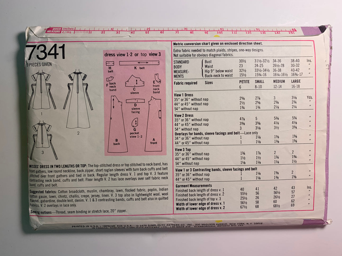 Simplicity 7341 Misses' Dress, Top, Size 8-10, Cut, Vintage 1976