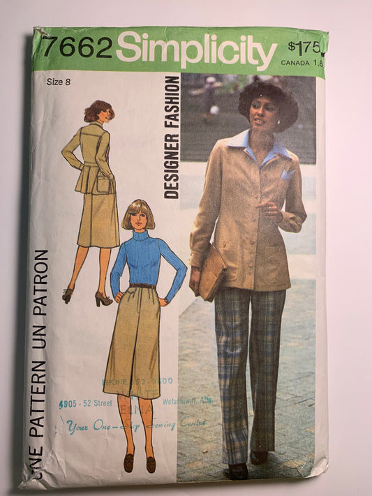 Simplicity 7662 Misses' Unlined Jacket, Skirt, Pants, Size 8, Cut, Vintage 1976