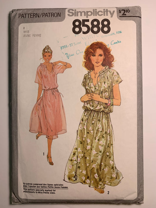 Simplicity 8588 Misses' Dress, Size 8, Cut, Vintage 1978