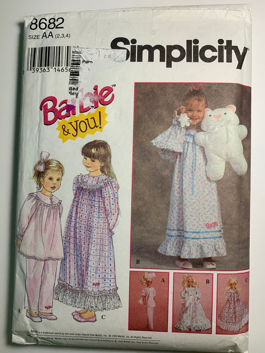 Simplicity 8682 Child's Girls' NIghtgown, Pajamas, Doll Clothes, Bears, Size 2-3, Cut, Vintage 1993